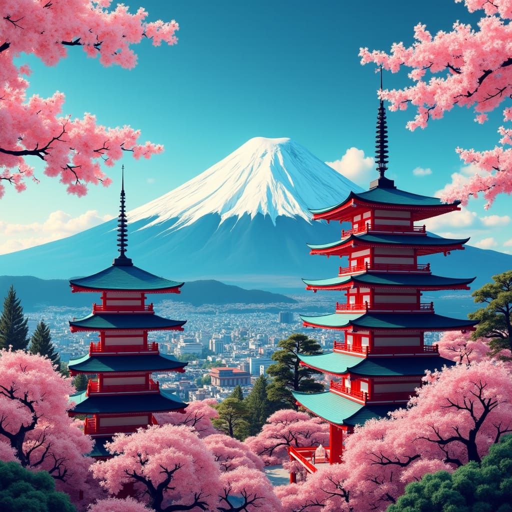 Japanese Pagodas with Mount Fuji: Ukiyo-e Woodblock Print