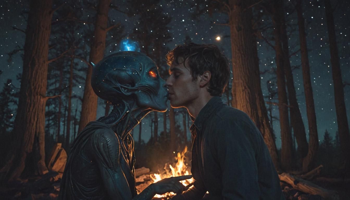 Romantic Interstellar Kiss by Campfire Under Starry Sky