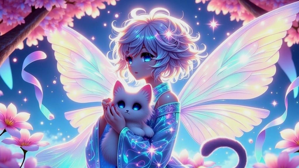 Kitsu Fairy Holding a Kitten in a Whimsical Anime Aesthetic