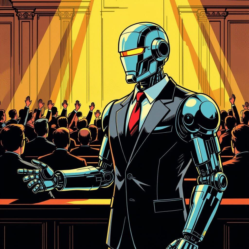 Robot Lawyer in Courtroom, Comic Book Illustration