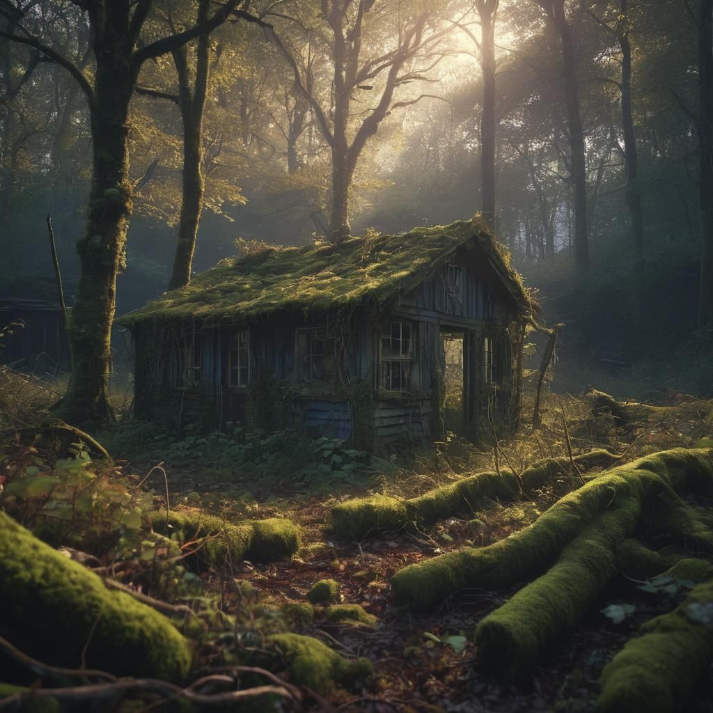 Dilapidated Shack in Misty Woods at Golden Hour