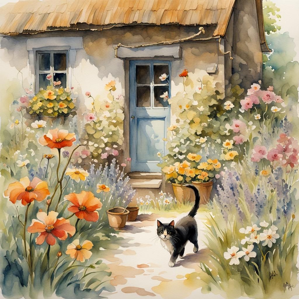 Charming Cottage Garden Scene in Watercolor Style