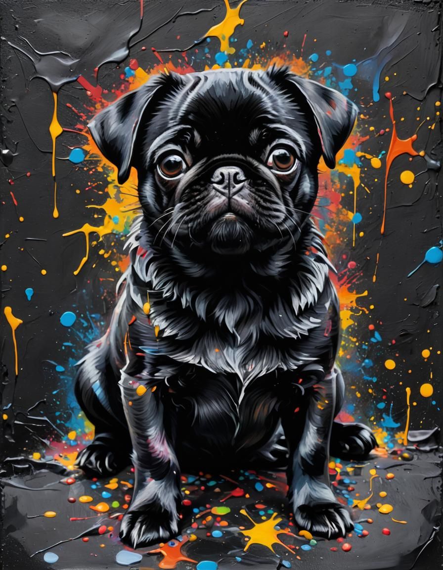 Black Pug Portrait in Graffiti Impasto Style