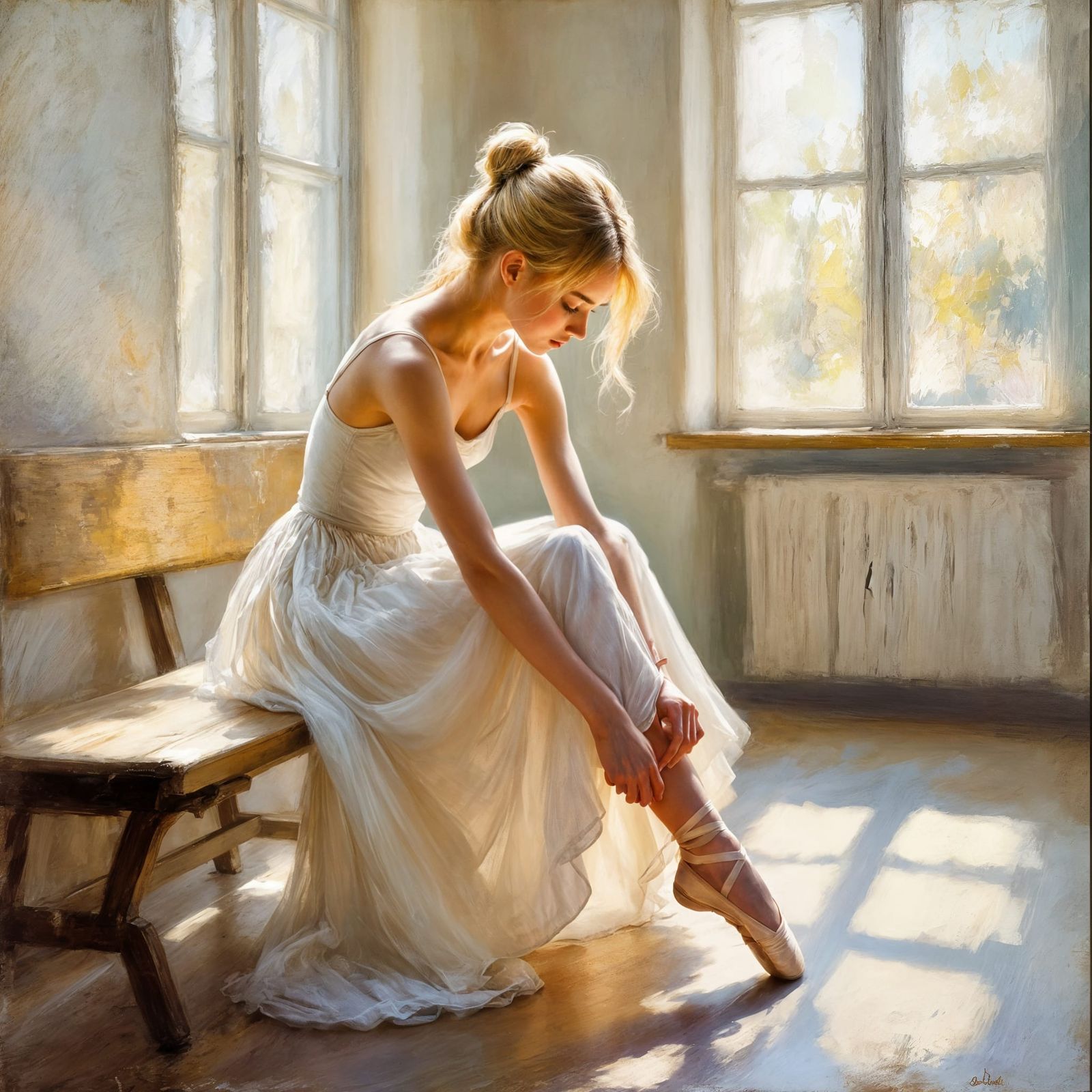 Ballerina Tying Shoe in Sunlit Studio - Monet Style