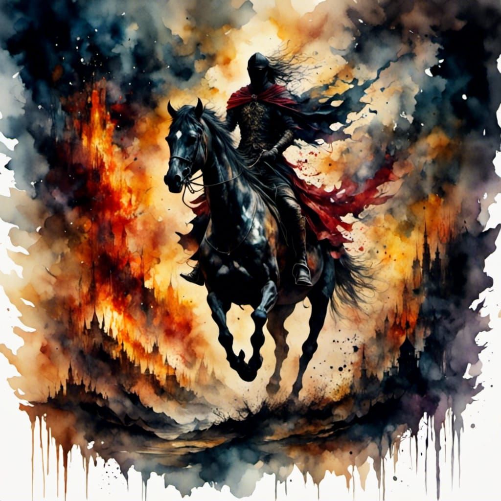 Fiery Horseman Rides Through Hell in Watercolor