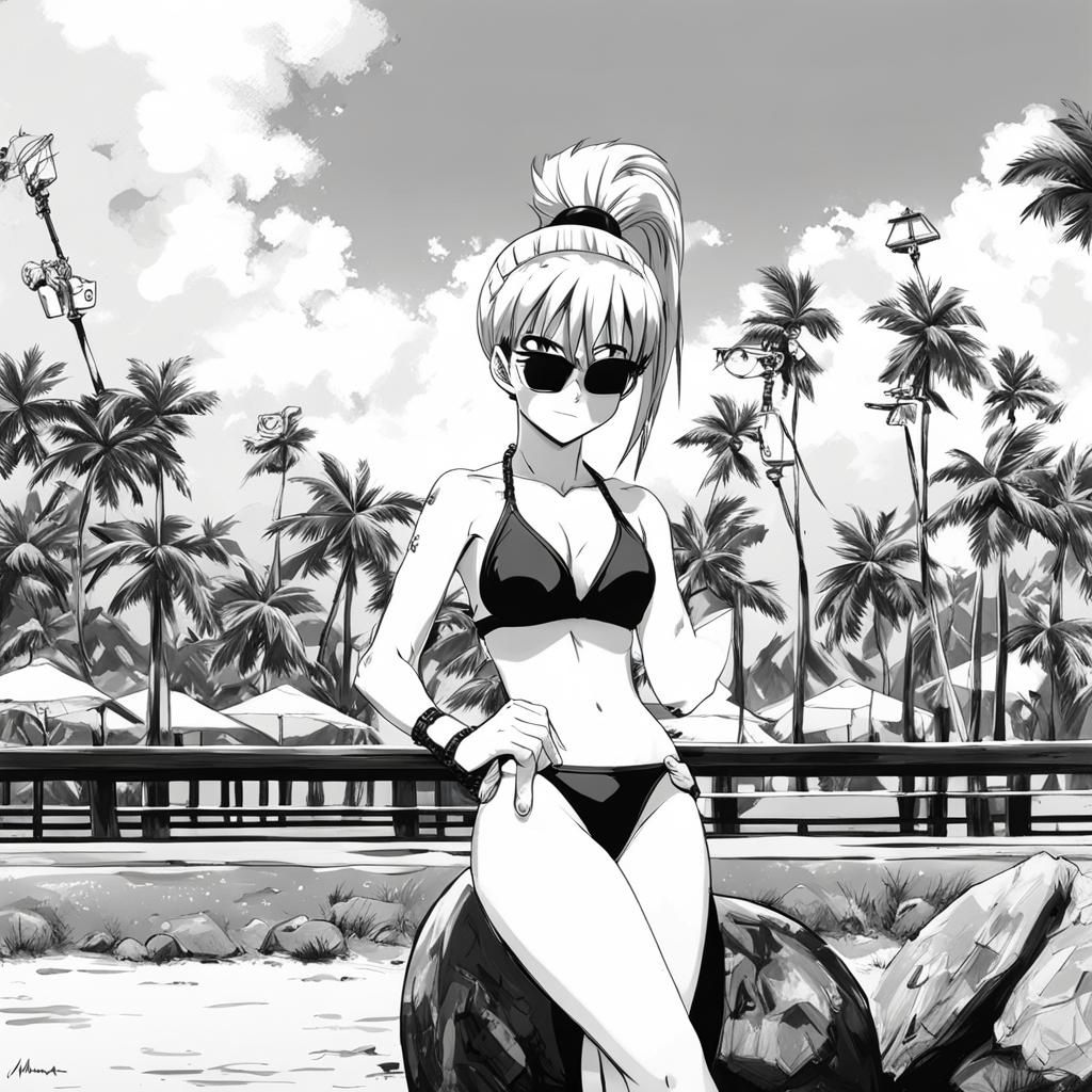 Bulma in Bikini: Anime-Style Black and White Art