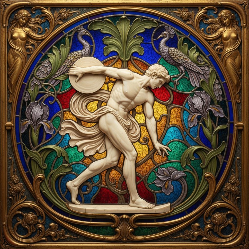 3D Discus Thrower in Ivory with Stained Glass