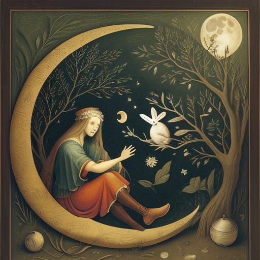 Moonlit Rabbit Dreams by River in Modigliani Bosch Style