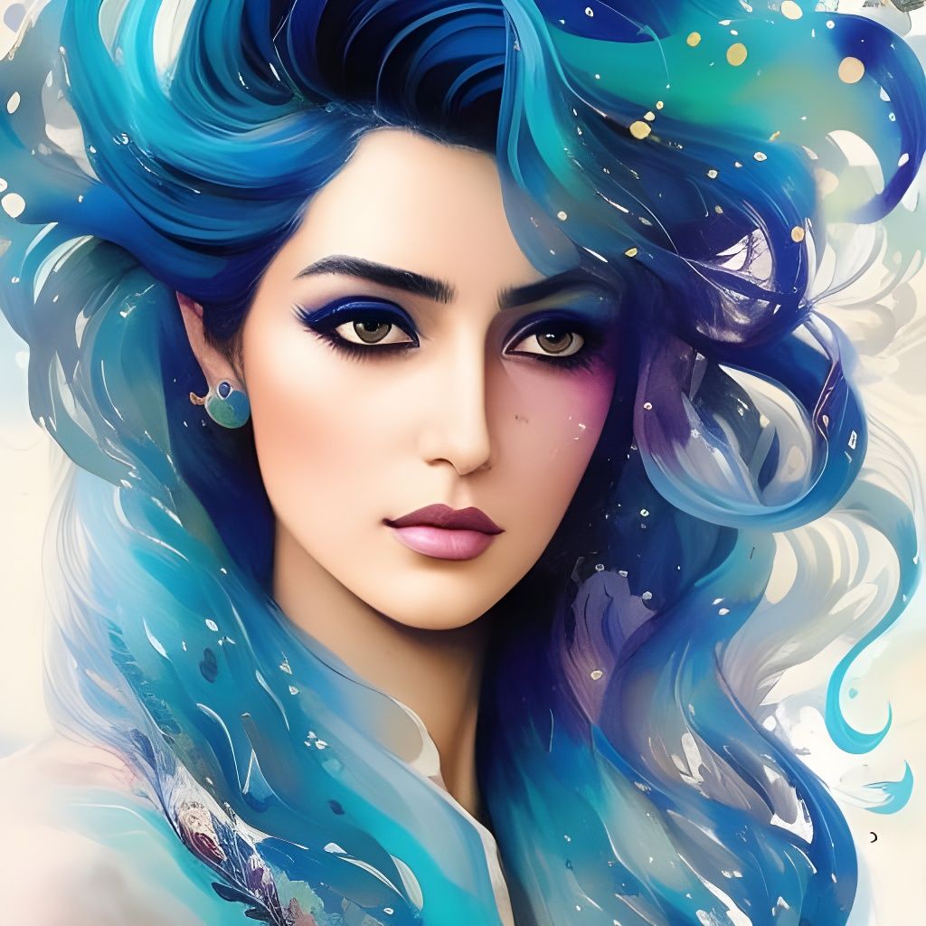 Blue-Haired Girl: Gouache Painting with Calligraphy Elements