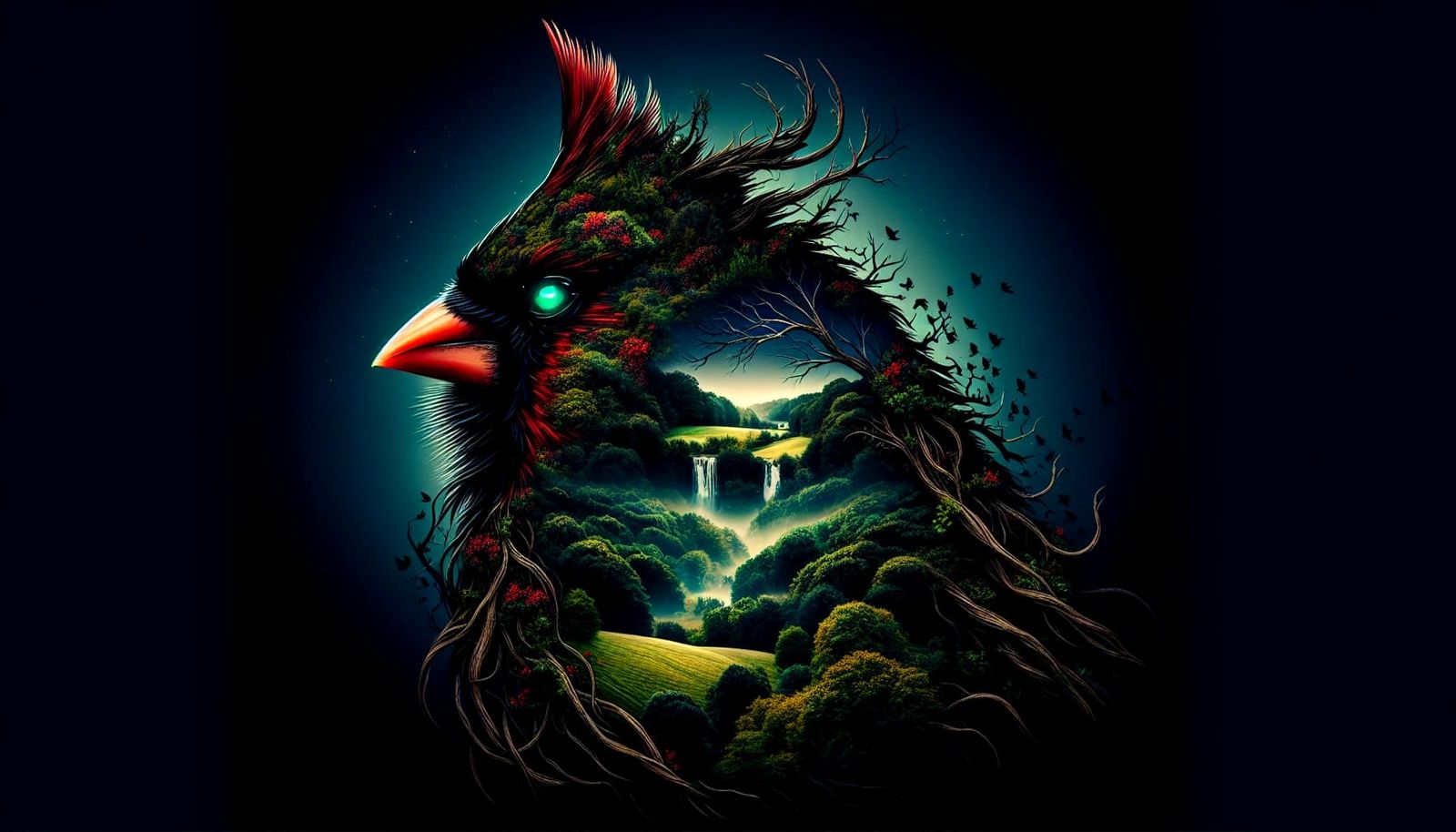 Dark Fantasy Cardinal Silhouette in a Vibrant Country Scene