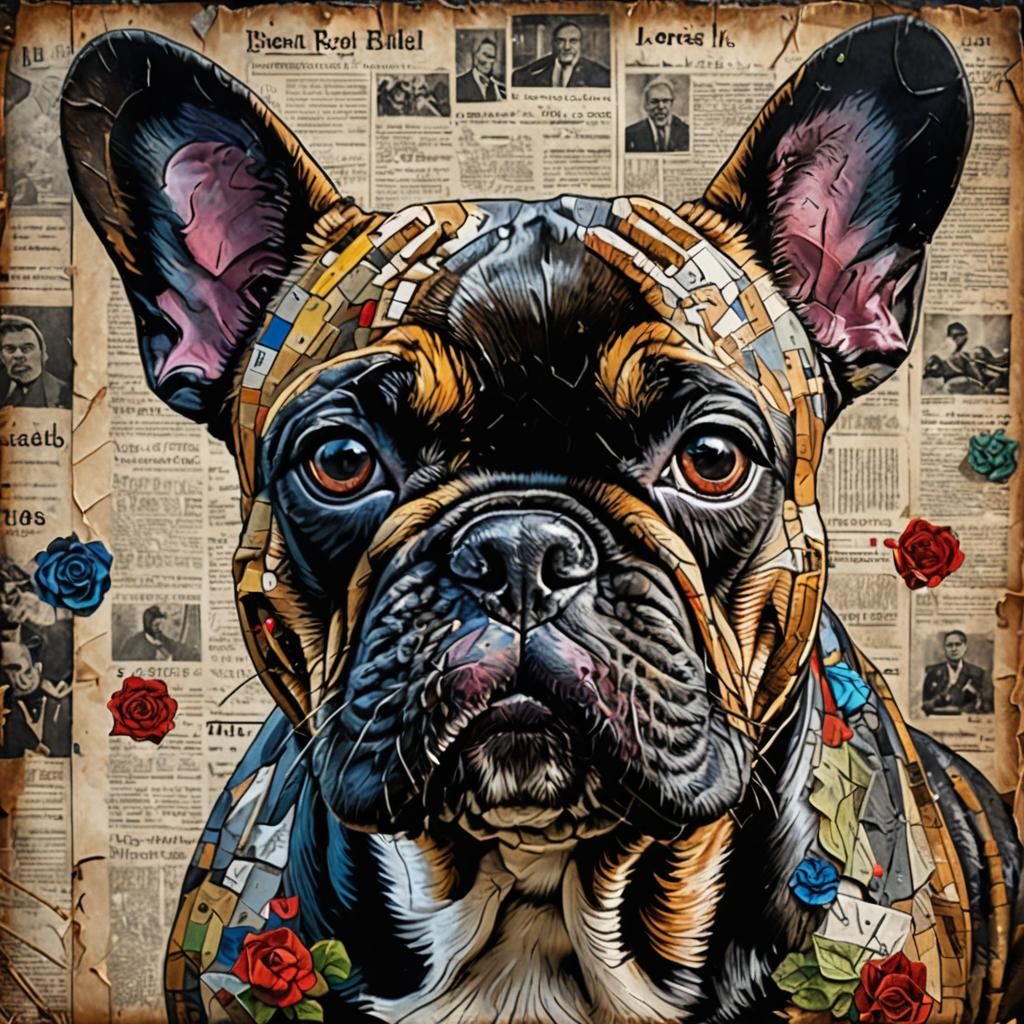 Hyperrealistic French Bulldog Acrylic Painting on Newspaper