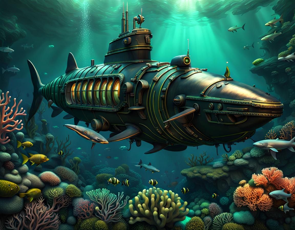 Art Nouveau Steampunk Submarine in Bioluminescent Coral Reef