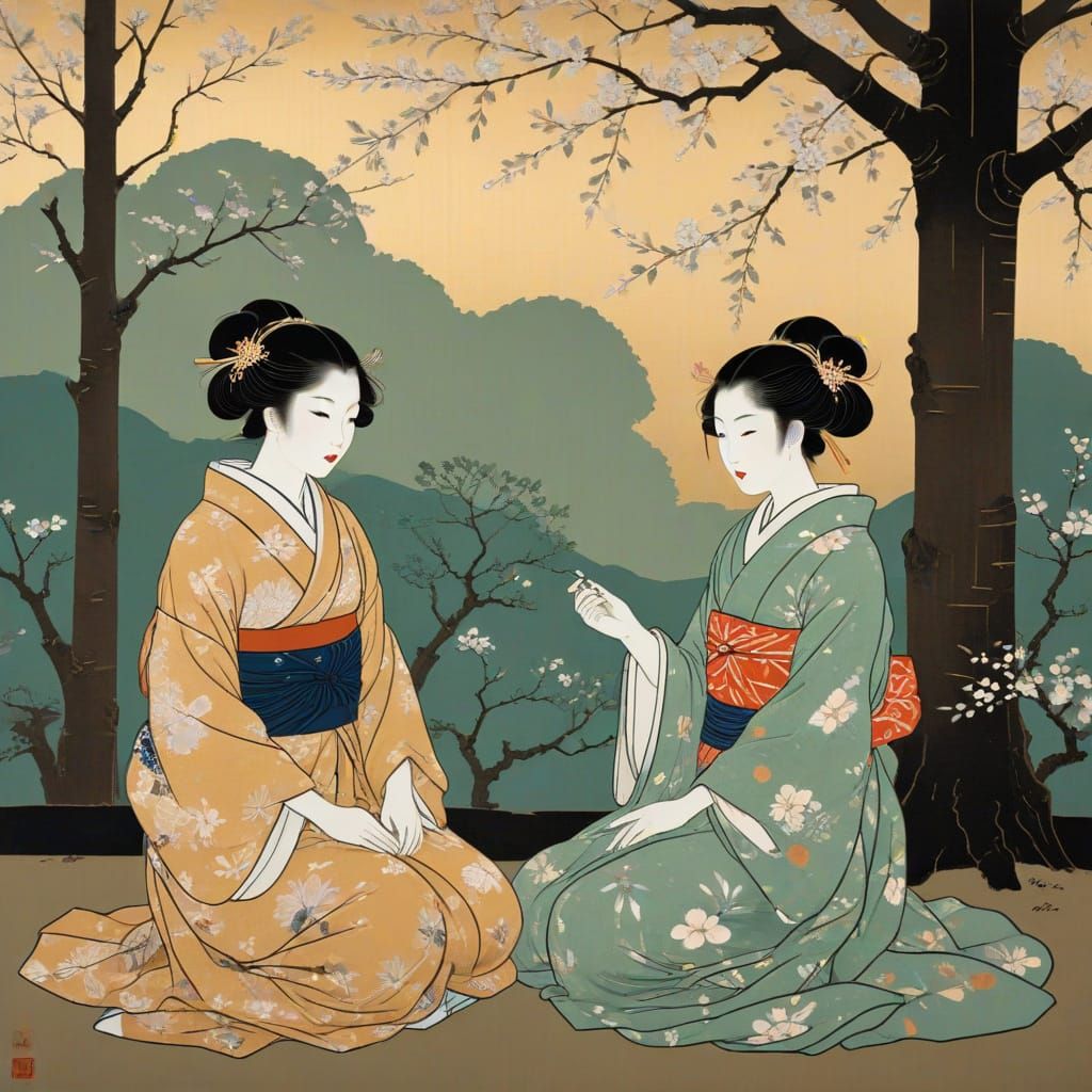 Elegant Noblewomen Under Cherry Blossoms in Ukiyo-e Style