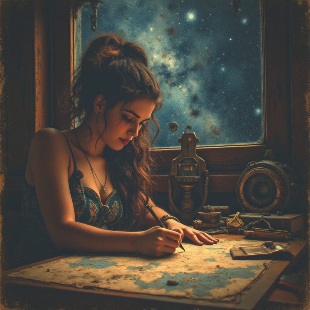 Celestial Cartographer Charts Galaxies in Cosmic Surrealism