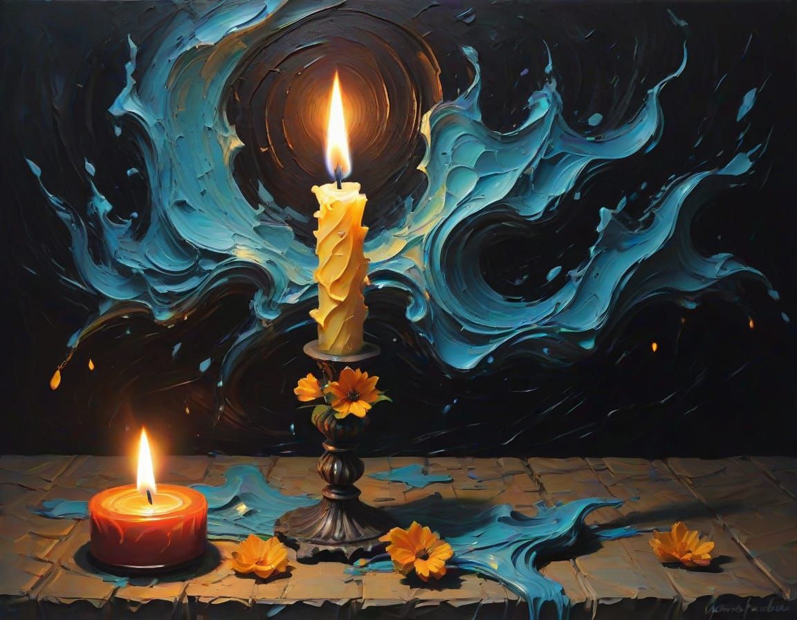 Mysterious Candlelit Scene in Dark Surreal Impasto Painting