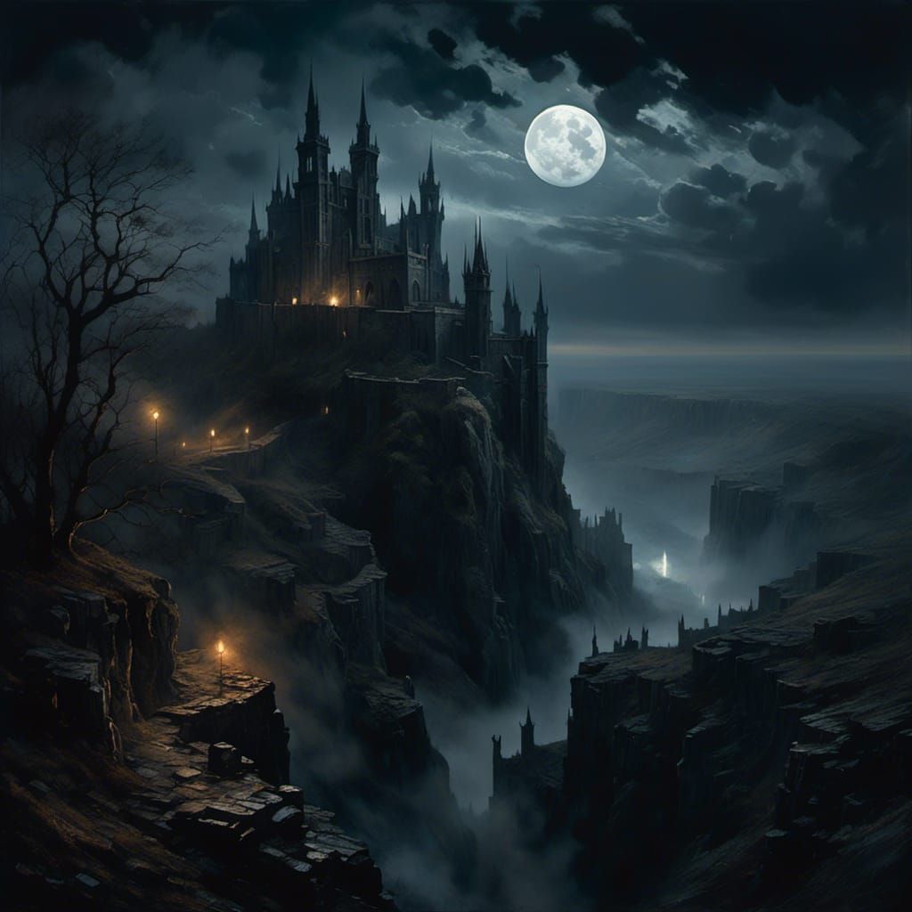 Gothic Castle in Dark Fantasy Landscape