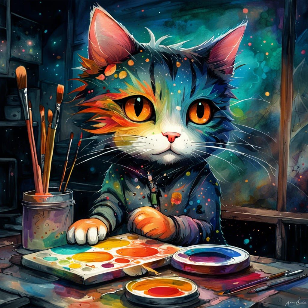 Anime Cat Painter with Glowing Eyes