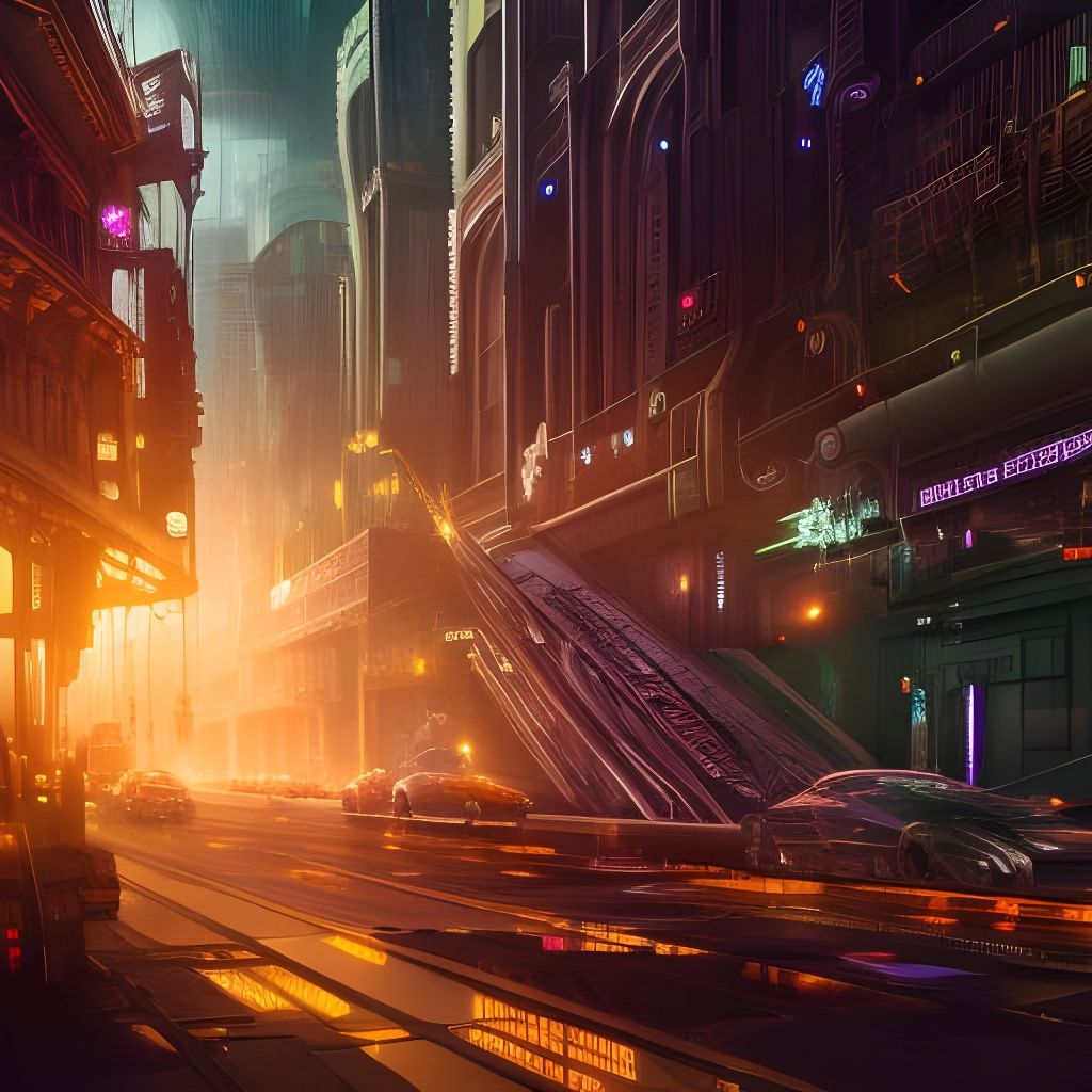 Neon Cyberpunk Cityscape in Geometric Art Nouveau Style