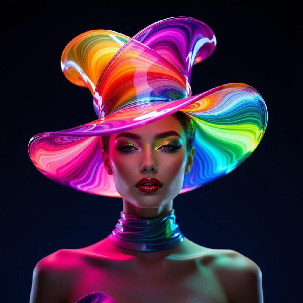 Model in Blown Glass Hat with Rainbow Vortex Effect