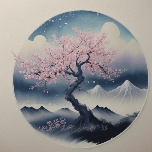 Magical Almond Tree in Twilight: Chinese Ink Painting