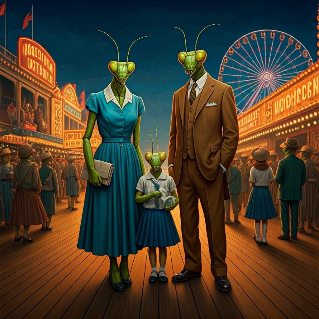 Mantis Family at the Boardwalk in Rockwell Style