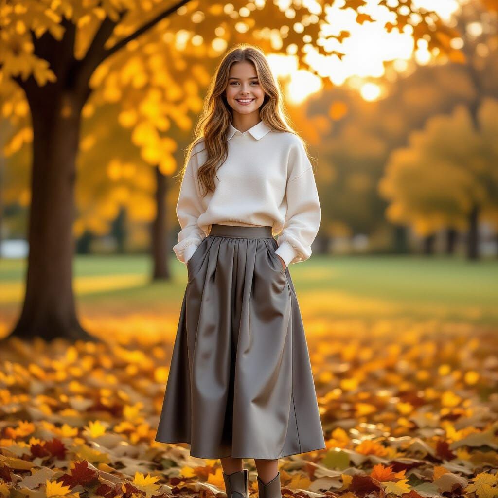 Young French Girl in Autumn Park, Golden Hour Photo
