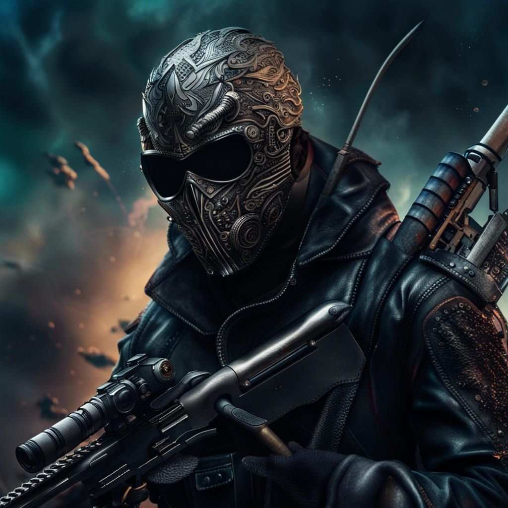 Soldier with Metal Mask and Rifle in Detailed Matte Painting