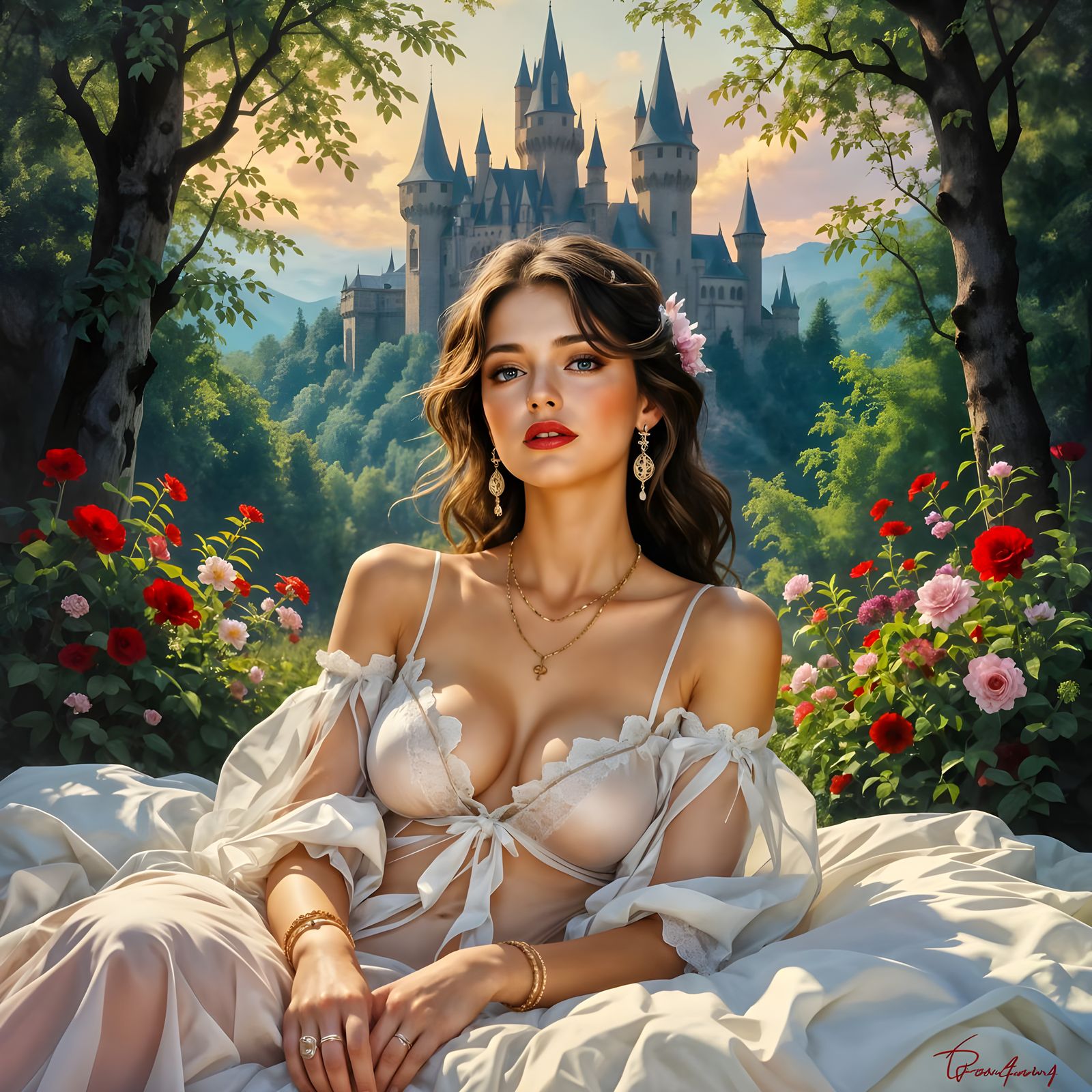 Gothic Castle Scene with Woman on Bed