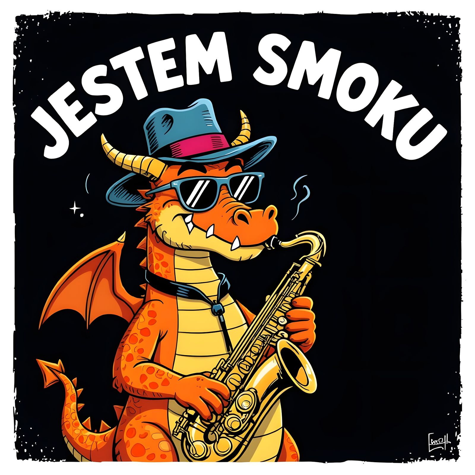 Cartoon Dragon with Saxophone Graphic