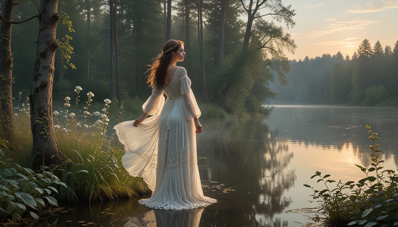 Serene Woman Amidst a Misty Lake Landscape in Soft Brushstro...
