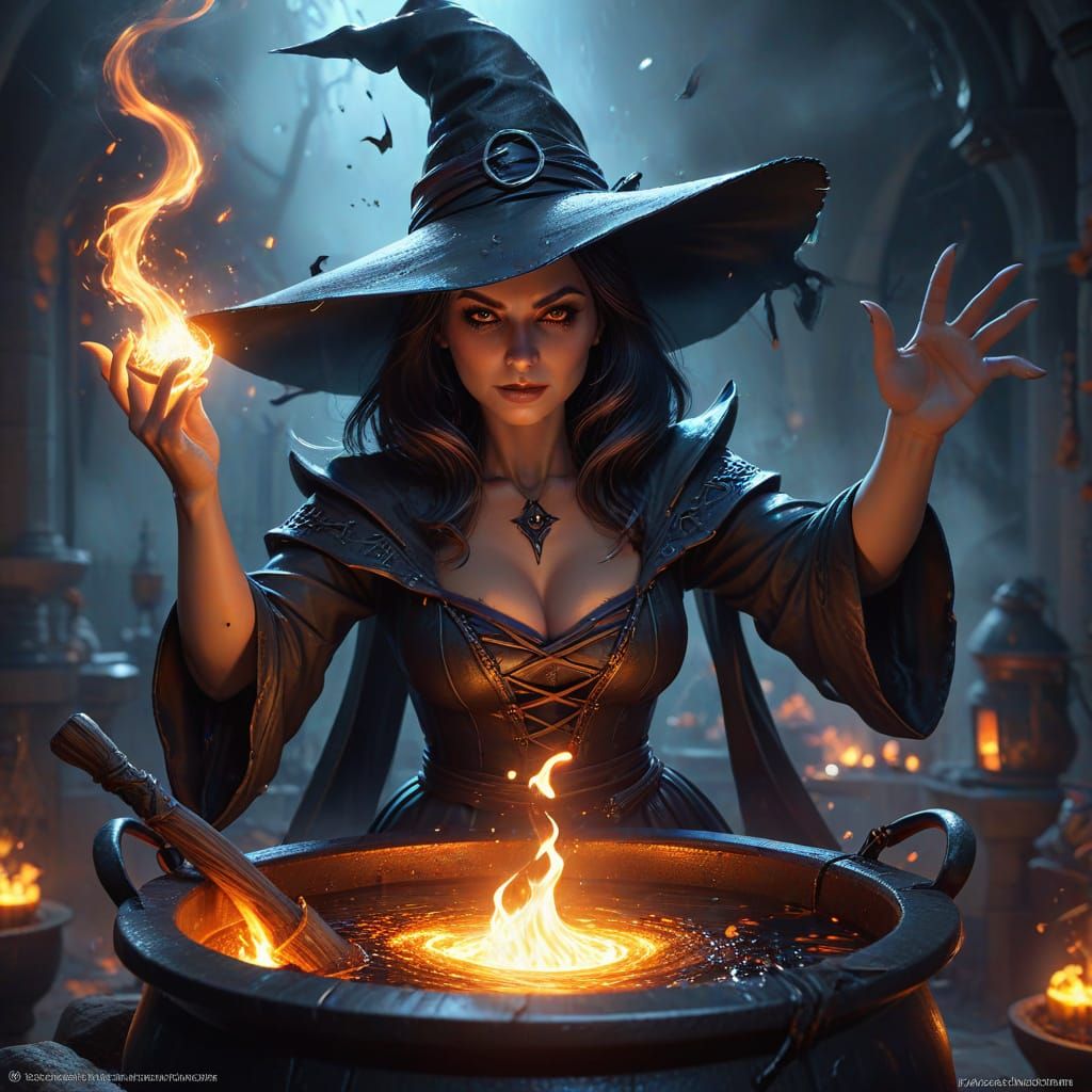 Wicked Witch Spellcasting in Dynamic Halloween Concept Art
