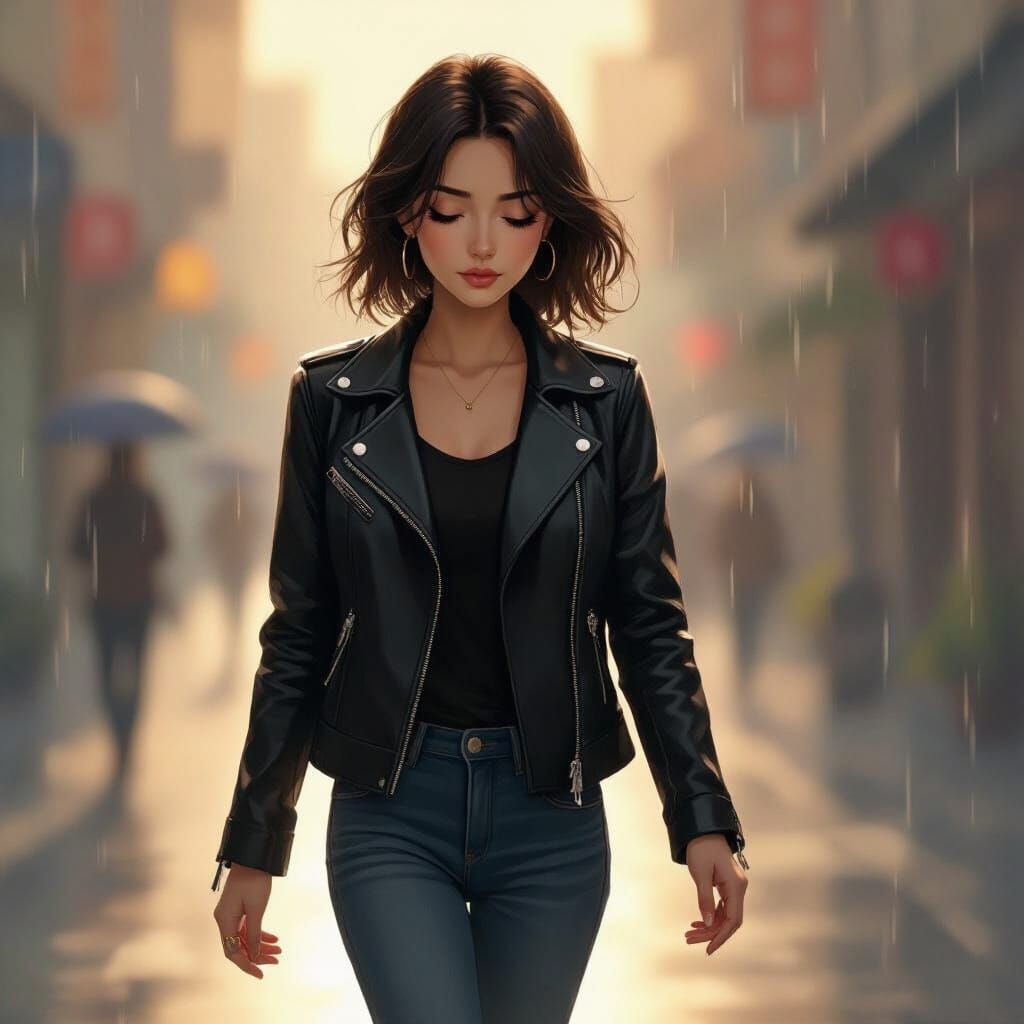 Woman Walks in Rain and Sunlight in Kawasaki Style