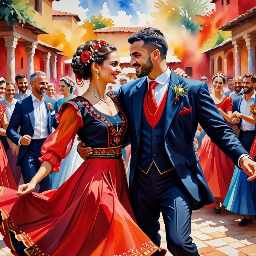 Vivid Wedding Scene in Gouache Watercolor Style