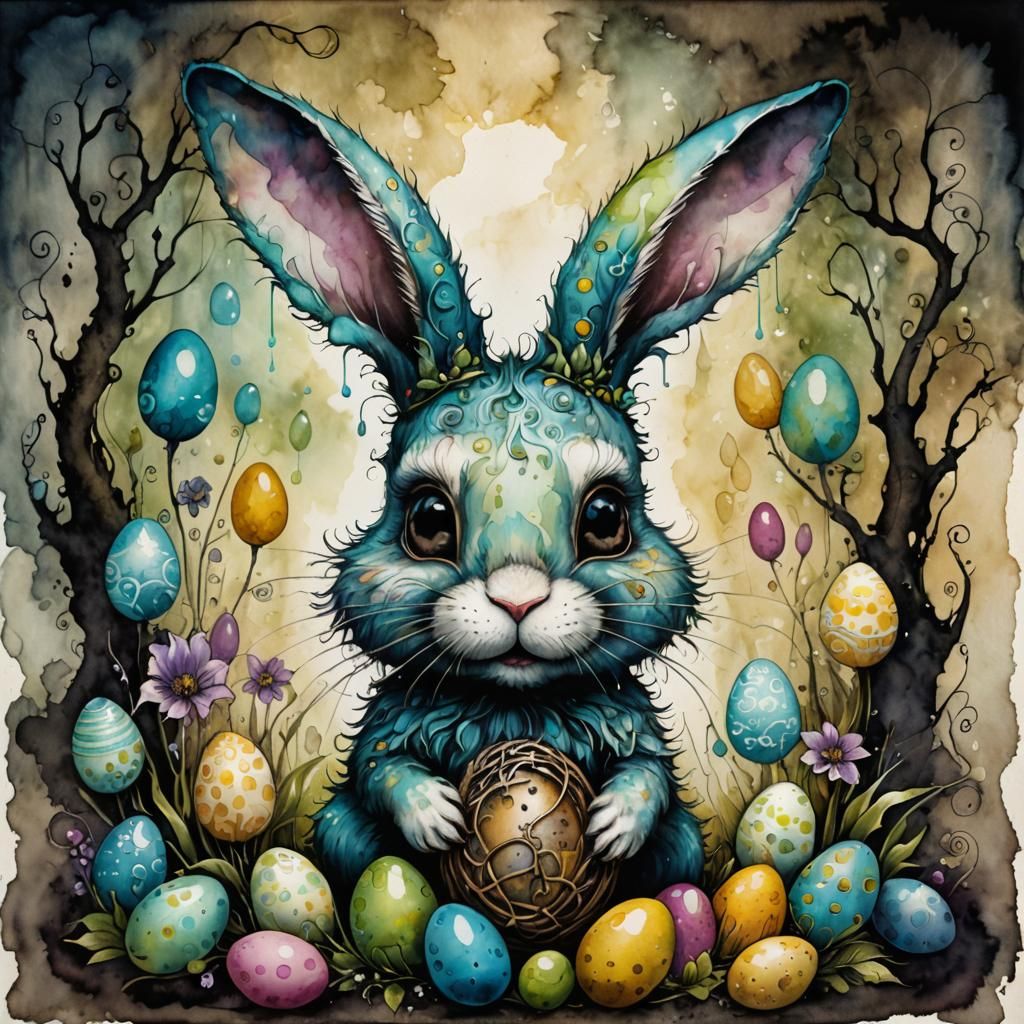 Ethereal Easter Bunny in Whimsical Grunge Illustration