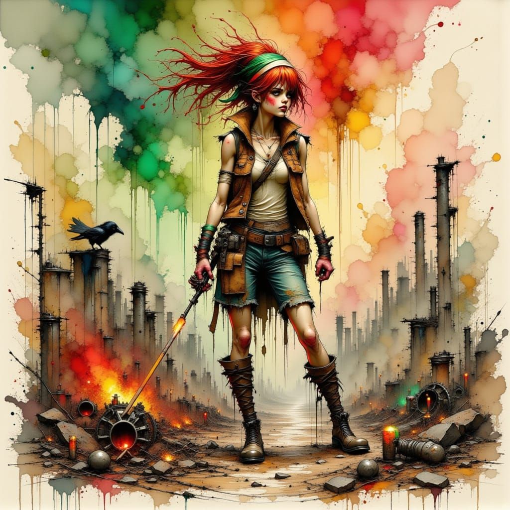 Scruffy Alchemist Woman with Mechanical Raven in Factory Rui...