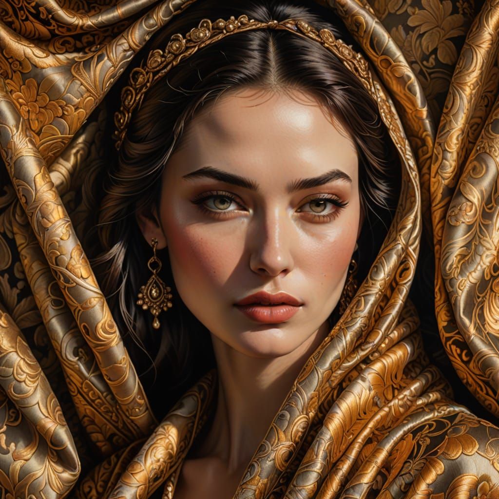 Beautiful Woman in Brocade: Hyper-Realistic Portrait
