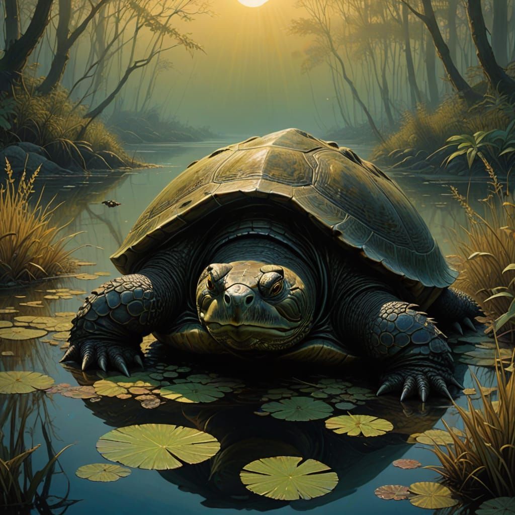 Ancient Snapping Turtle Emerges from Serene Pond Waters