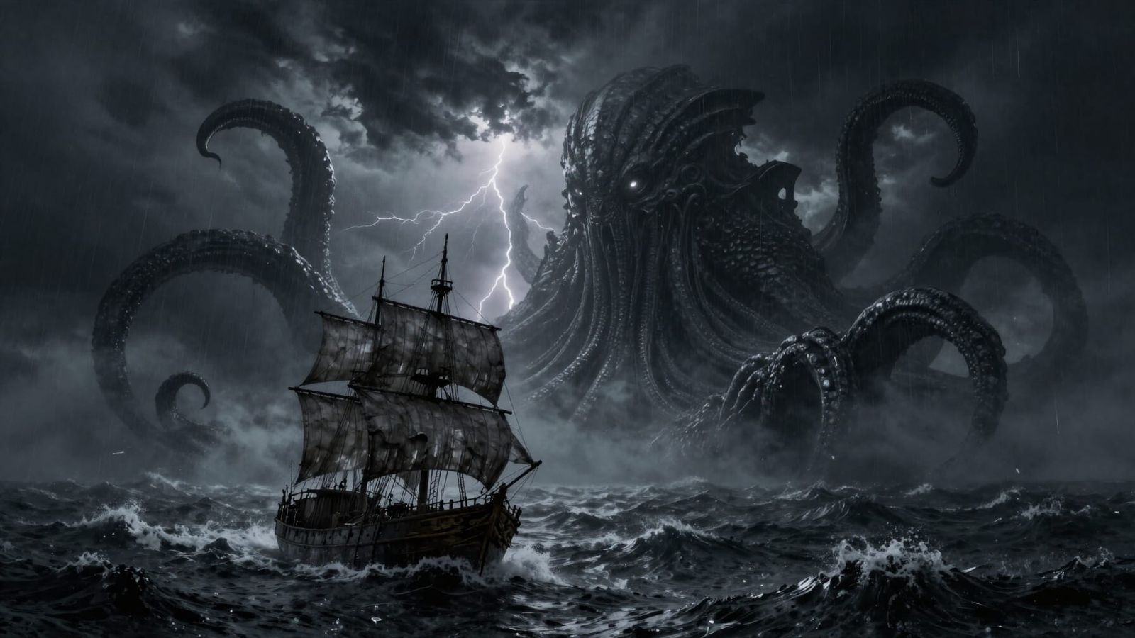 Gothic Seascape: Ship Battles Eldritch Horror in Storm