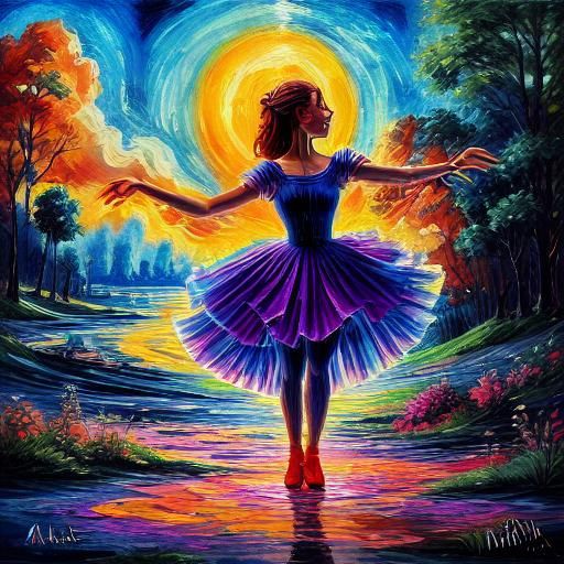 Villagers Watching Dnipro River in Folk Art Style