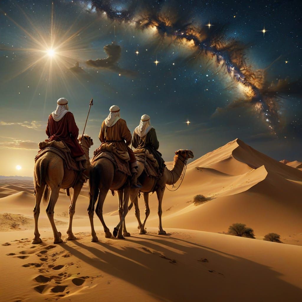 Three Wise Men Journeying by Camel Under Starry Sky