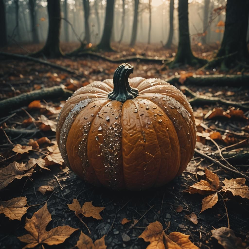 Crystallised Pumpkin in Misty Autumn Forest
