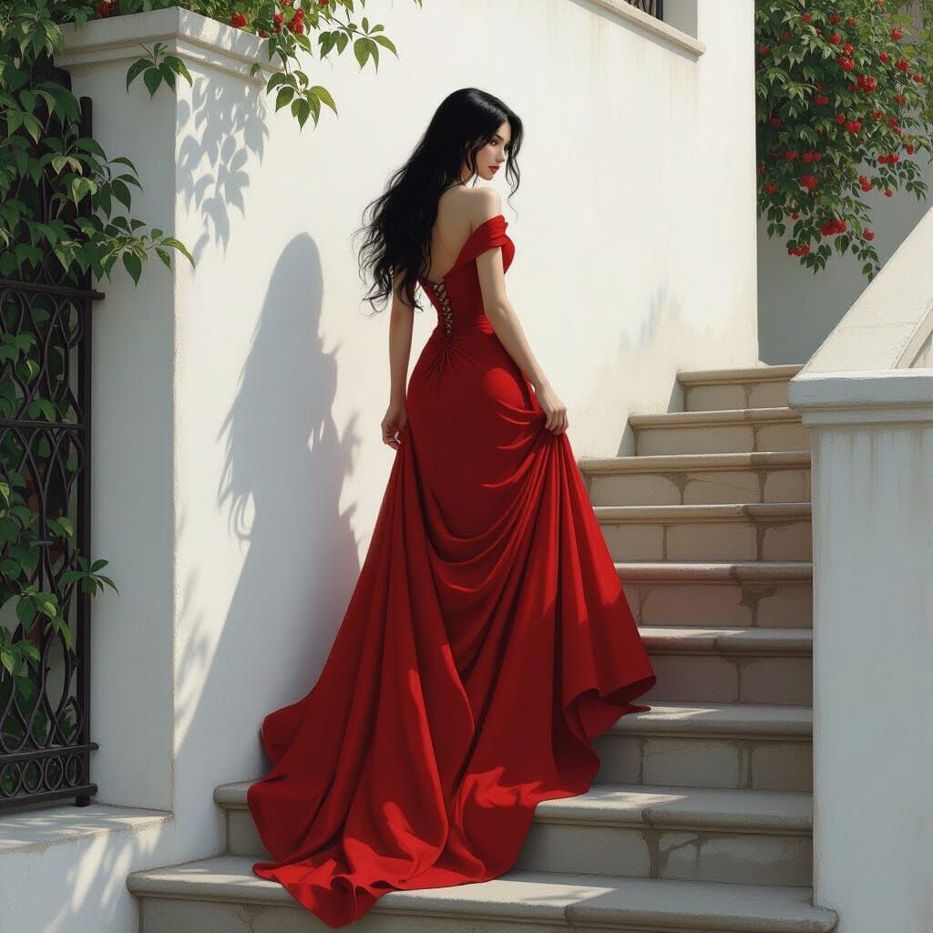 Woman in Red Gown Descends White Staircase