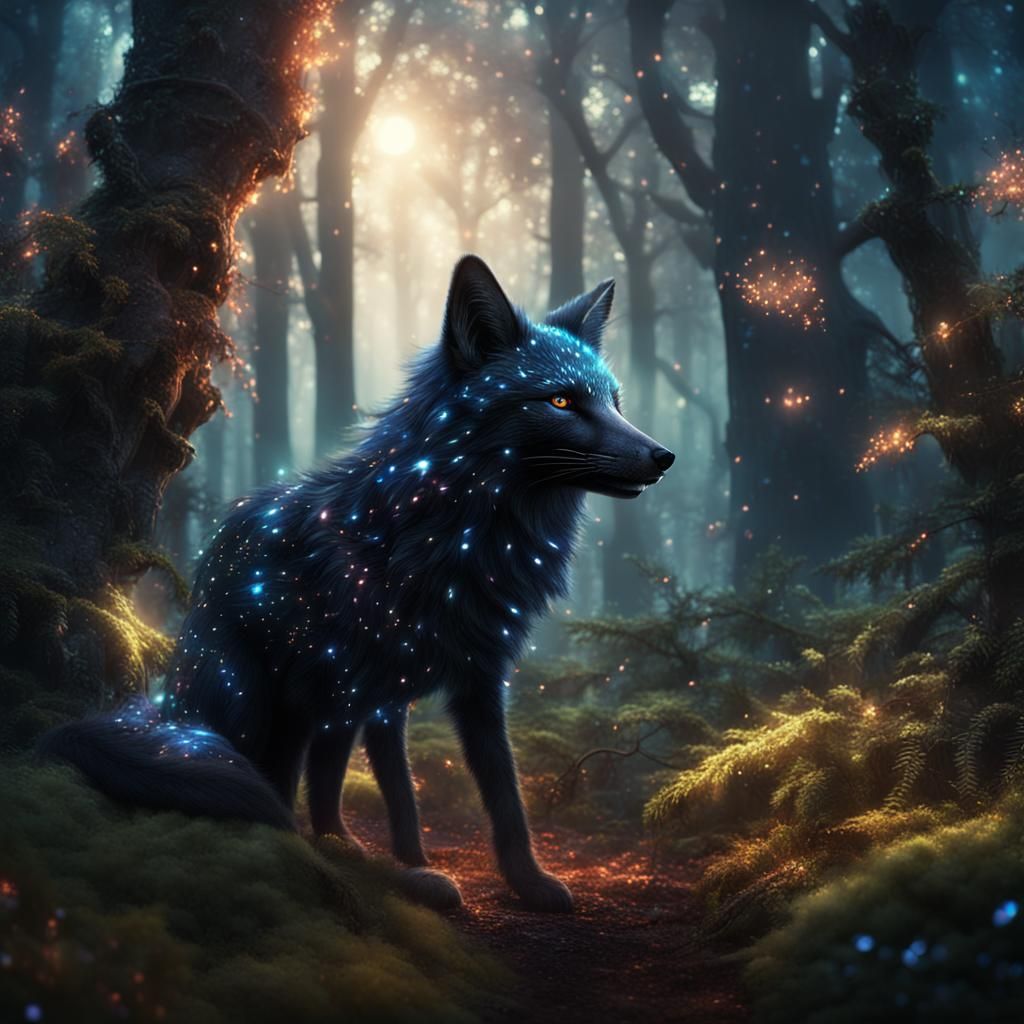Magical Black Fox in Forest: Fantasy Concept Art
