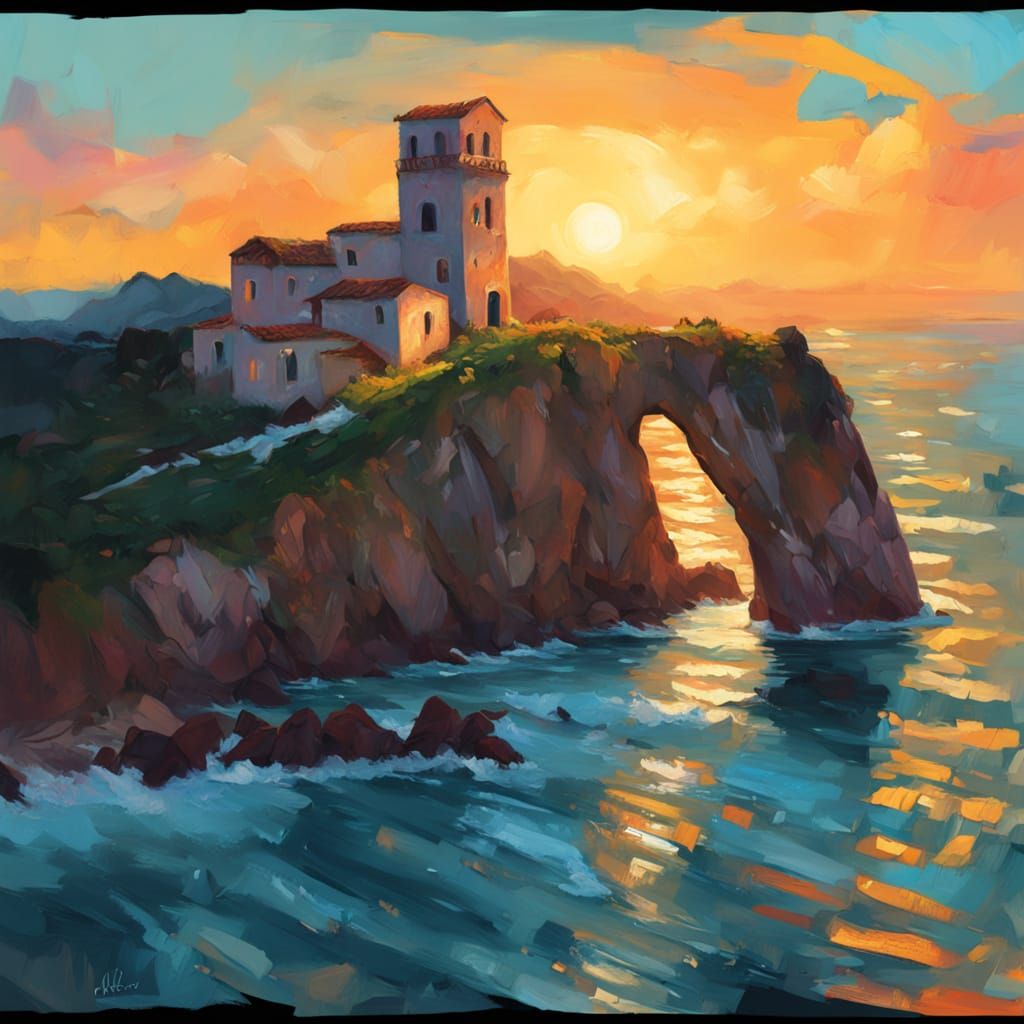 Expressive Oil Painting of a Ruin by the Sea