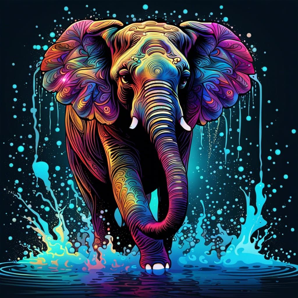 Neon Elephant Calf Splashing in Vibrant Colors