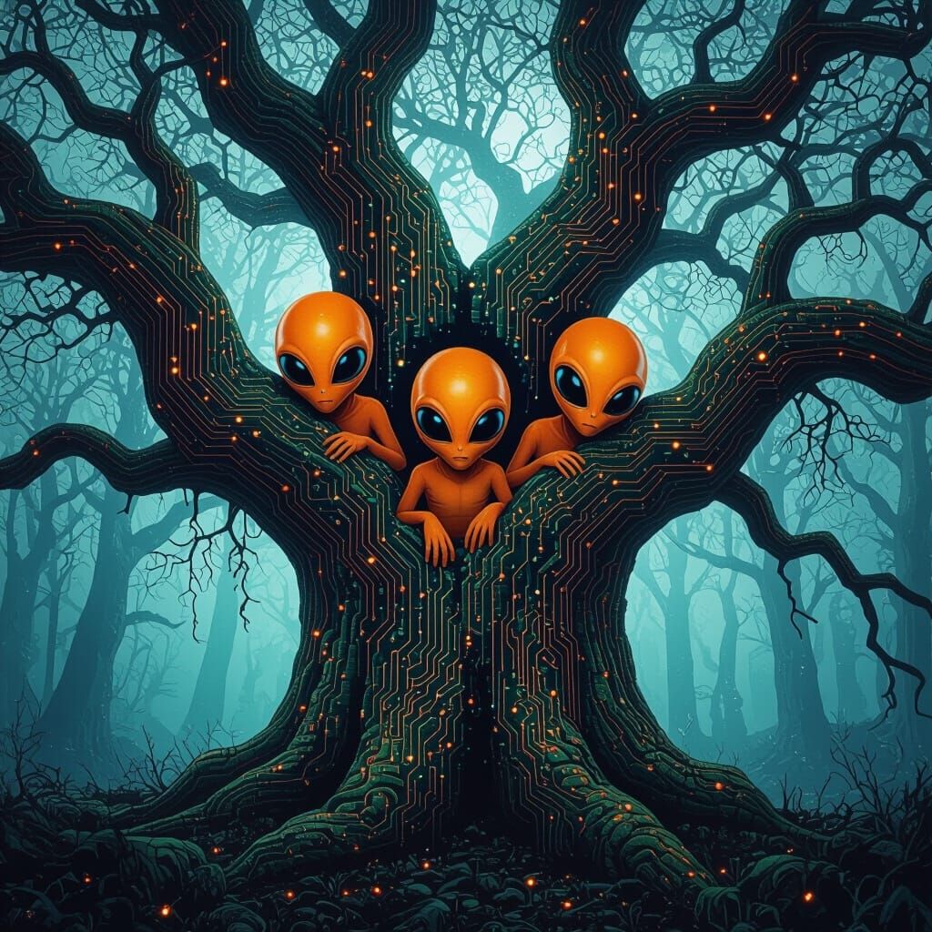 Orange Aliens Hide in Circuit Board Tree: Astral Illustratio...