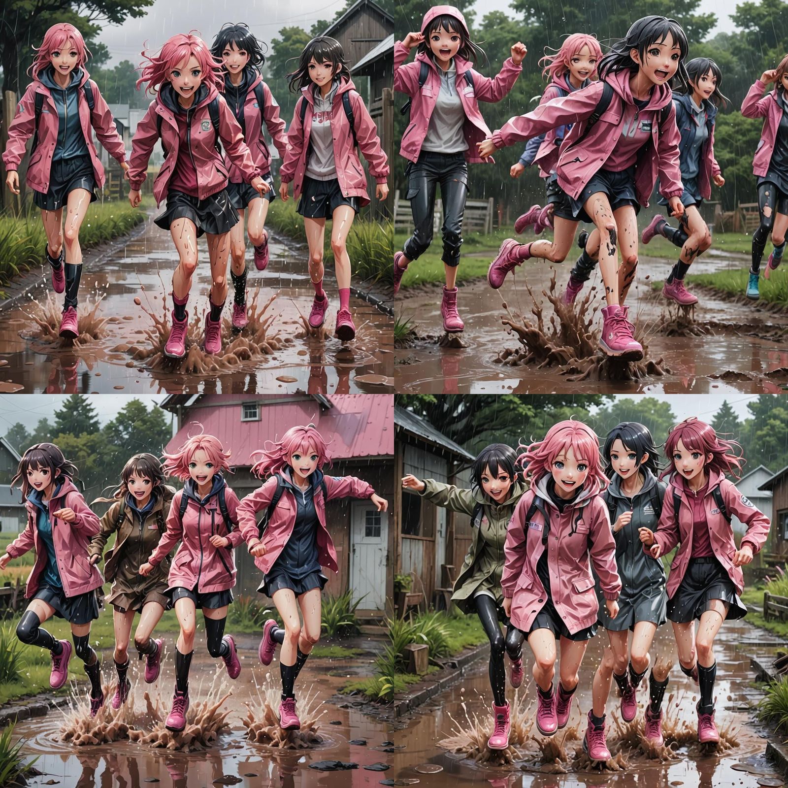 Anime Girls Splashing in Muddy Puddles on Rainy Farm