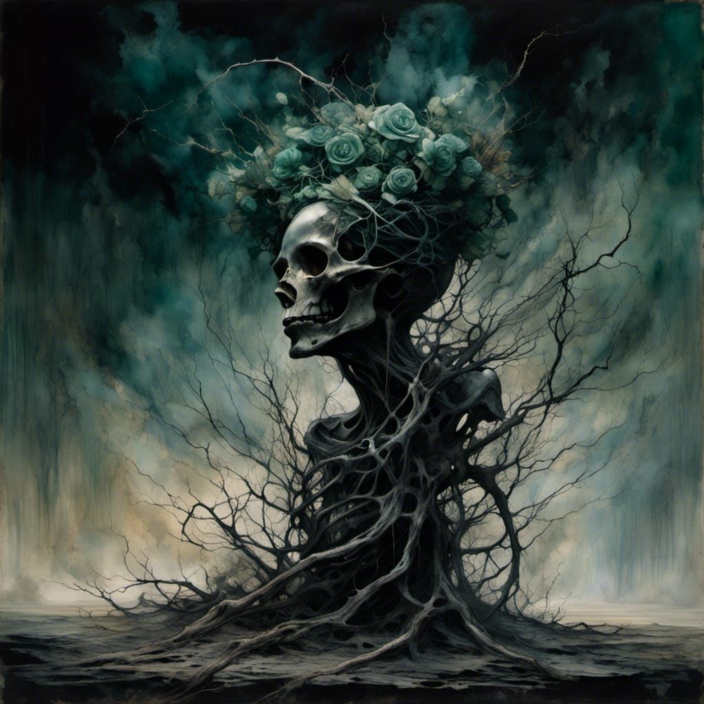 Macabre Black Rose with Silver Petals and Bones