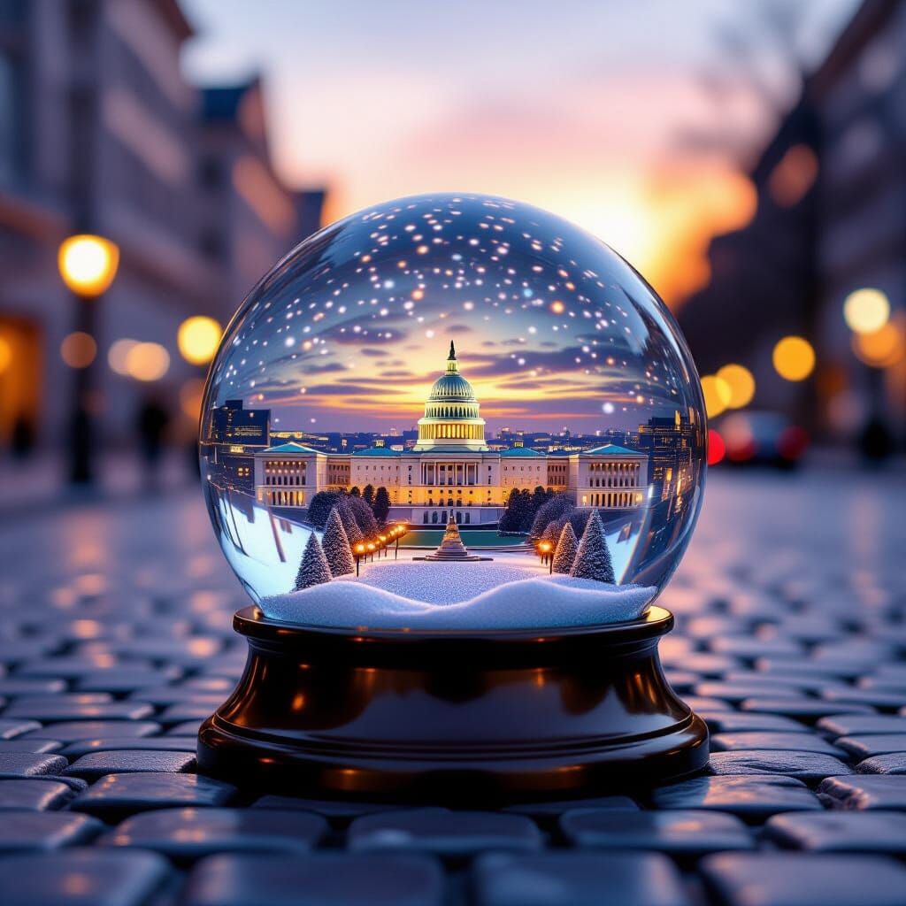 Washington D.C. Snow Globe at Golden Hour Sunset