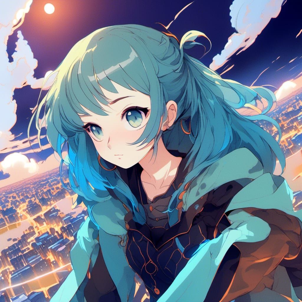 Anime Heroine Overlooking Mystical City in Cel-Shaded Style